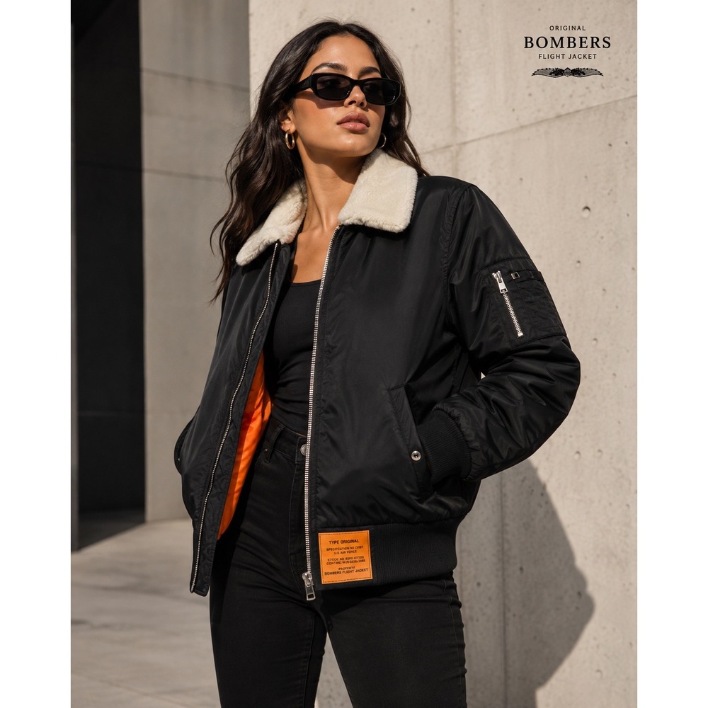 Original Bombers Flight Jacket Black Faux Shearling Collar Orange Lining Size L